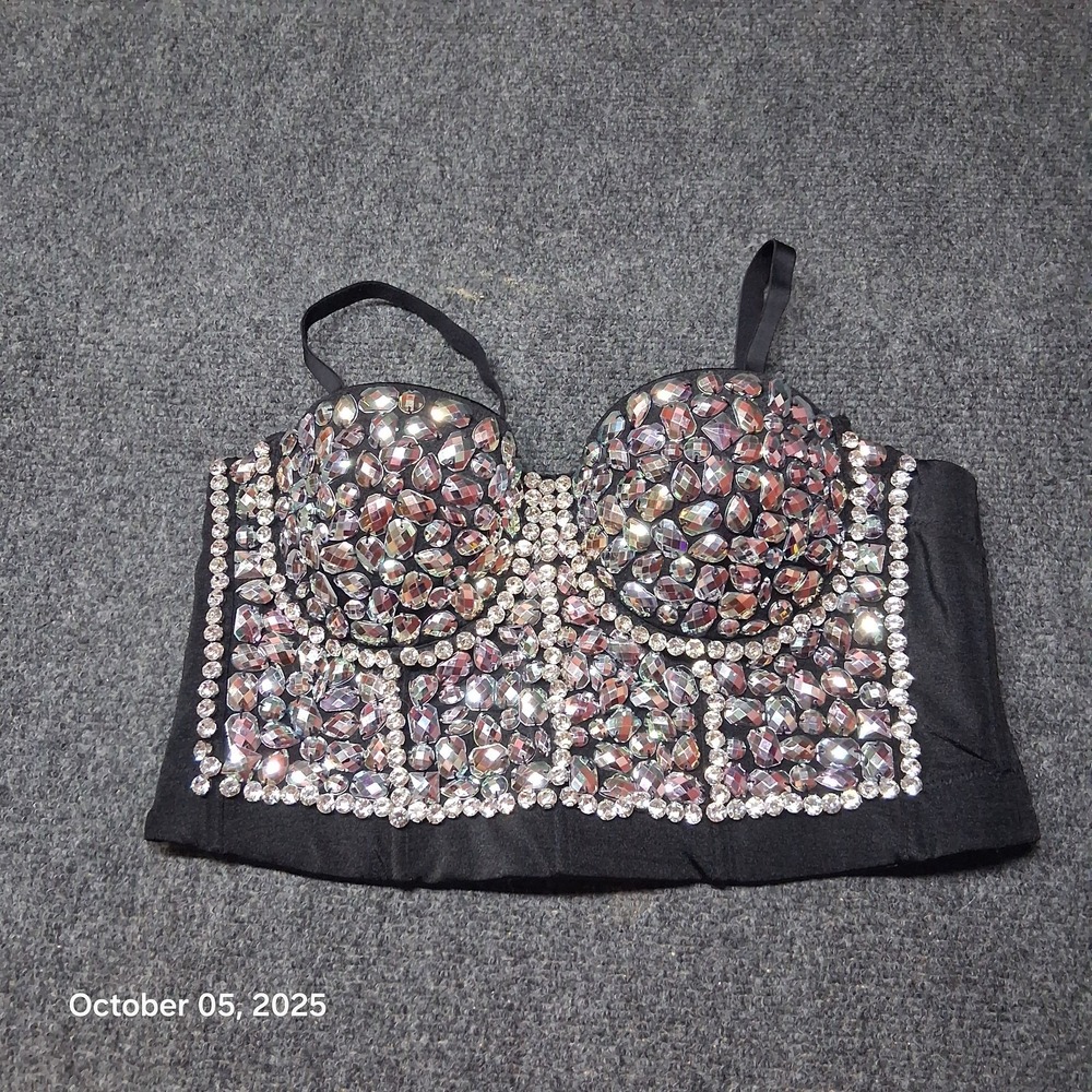 Lydia USA Heavy Studded Rhinestone Longline Sexy Bra Size Large Festival‎ Wear